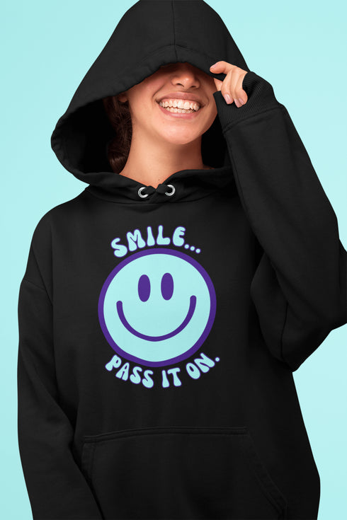 Introducing the ultimate mood booster in fabric form: the "Smile…Pass It On" Happy Face Hoodie! This isn't just any ordinary hoodie; it's a wearable ray of sunshine, guaranteed to spread joy, high-fives, and possibly even spontaneous dance-offs wherever you go.